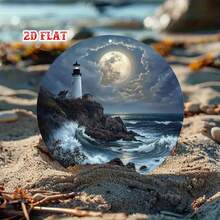 2D Flat - Round Metal Sign, Depicting A Lighthouse Under A Full Moon By The Sea, Vintage Country Style Design, Perfect For Vintage Home Decor - Multicolor - View 6