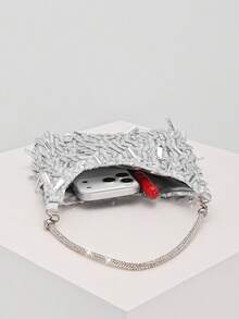 Elegant Shiny Solid Color Pendant Patchwork Handbag, Fashion Retro Chain Shoulder Bag, Mini Clutch Purse, Suitable For Party Girls, Brides, College Students, Career Women, Perfect For Party, Wedding, Matching Accessories, Pattern Randomly Sent - Silver - View 6