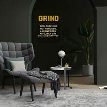 Póster motivacional alemán de 1 pieza con letras GRIND - Arte de pared en lienzo enmarcado vertical dorado sobre negro - Frase en alemán adecuada para decoración del hogar, oficina, sala de estar - Impresión de texto rústico moderno, instalación con gancho - Enmarcado - Ver 2