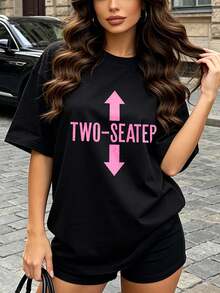 Women's Summer Casual Soft Round Neck Short Sleeve T-Shirt, The Two-Seater Text Graphic Print Is Ideal For Spring And Summer Outfits.White - Black - View 2