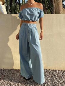 Conjunto de top hombros descubiertos y jeans holgados de algodón, adecuado para primavera y verano - Lavado ligero - Ver 6