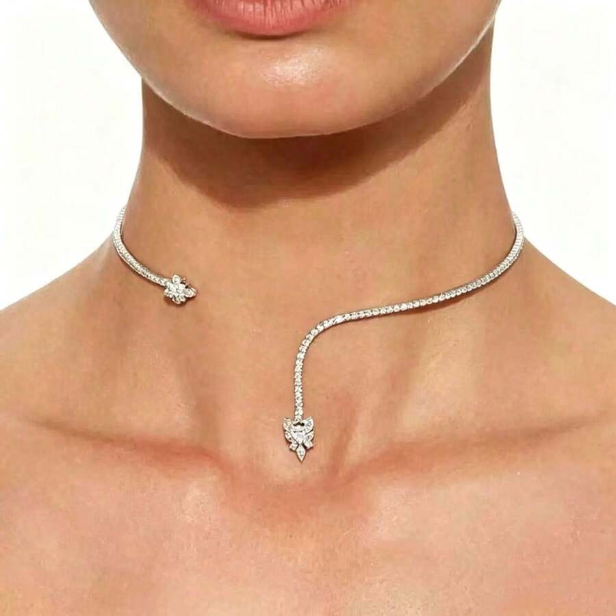 1pc Adjustable Zirconia Flower Choker Necklace Accessory For Women - Silver - View 1