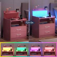 Mesita de Noche LED con Estación de Carga, Mesita de Noche con 2 Cajones y Espacio de Almacenamiento Abierto, Mesa de Noche con Luces LED, Mesa Auxiliar Moderna con Puertos USB y Enchufes - Rosa - Ver 6