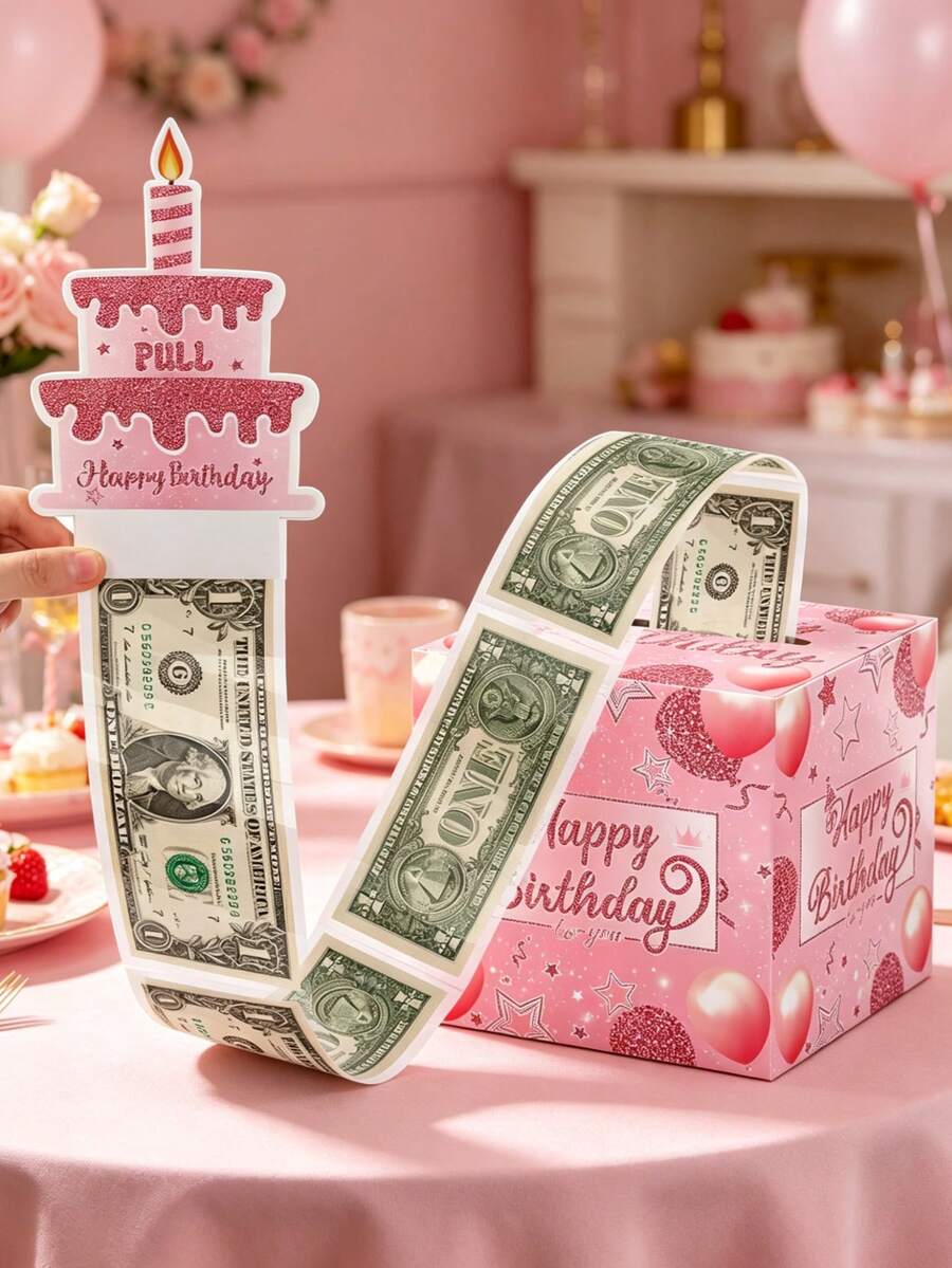 1套玫瑰金生日現金禮物盒，附可拉出式生日快樂卡片與30個透明袋，適合現金禮物、嬰兒洗禮派對、性別揭曉裝飾、女嬰生日卡、粉色蝴蝶結派對裝飾，送給親友生日現金禮物的趣味方式，生日派對裝飾禮品、驚喜盒、生日派對用品、派對小禮、母親節、畢業、開學