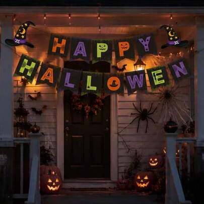 1PC Halloween Party Banner Decoration Set, European And American Dark Style Happy Halloween Letter Banner, Featuring Classic Holiday Elements Like Magic Witch Hat, Pumpkin Smile, Spider Web, Vibrant Colors And Eye-Catching Design, Easily Create A Strong Halloween Atmosphere. Suitable For Home Gatherings, Bar Decoration, School Activities, Mall Window Displays, Children's Trick Or Treat Parties And Haunted House Scenery. Perfect For Hanging On Doors, Fireplaces, Dessert Tables, Yards Or Party Background Walls