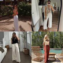High Waisted Wide Leg Linen Pants For Women 2026 French Style Retro Button Up Casual Trousers Summer Vacation - White - View 6