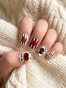 24pcs Y2K Style Kids Press-On Nails, Cartoon Black Cat & Strawberry Theme Acrylic Nail Tips, Pre-Glued Full Cover Shiny Cute Patterns Include Black Cats, Cats Hiding In Red Strawberries, Soft And Adorable; Paired With Bright Red Strawberries, Red Hearts, Black & White Stripes, Star Decorations, Minimalist Yet Stylish, Full Of Childlike Charm. Suitable For Girls Gifts, Birthday Parties And Makeup Decoration - Multicolor - View 1