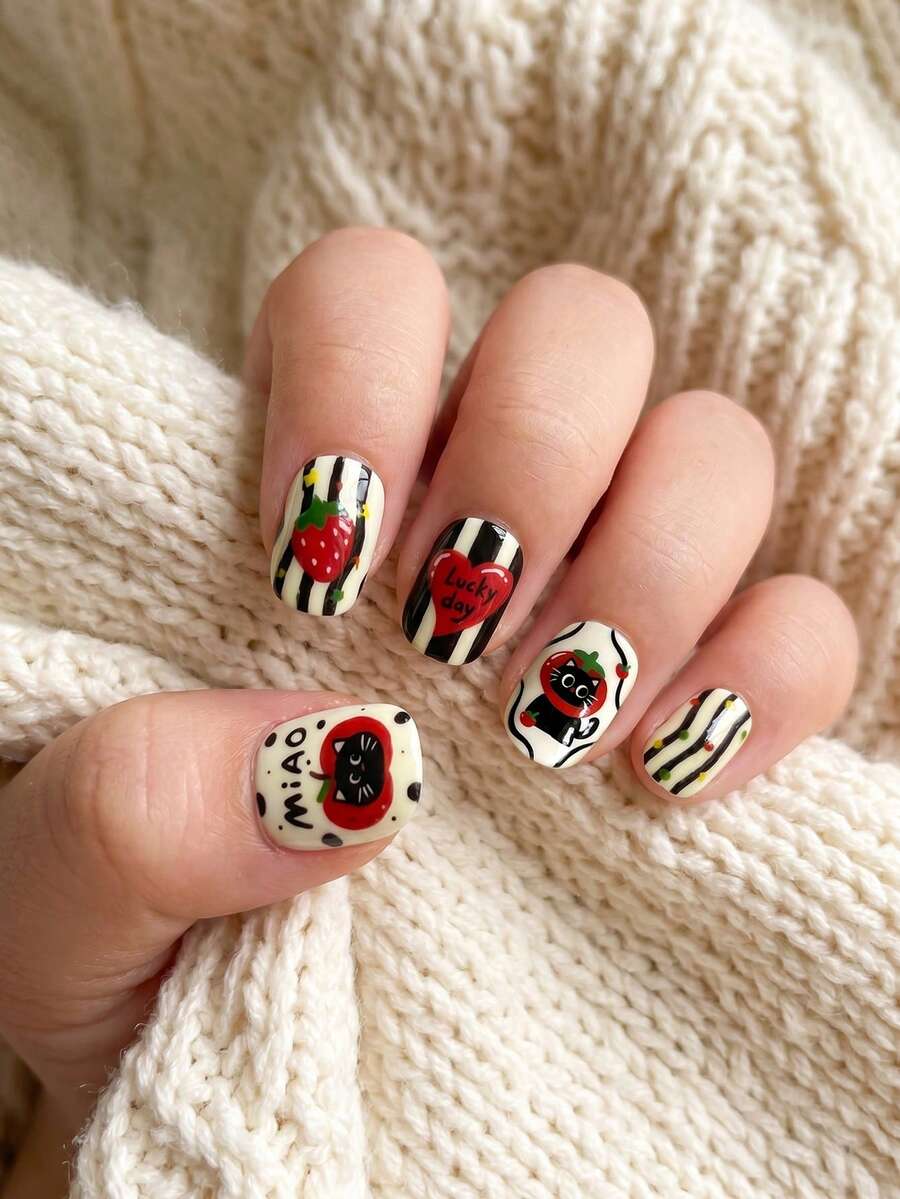 24pcs Y2K Style Kids Press-On Nails, Cartoon Black Cat & Strawberry Theme Acrylic Nail Tips, Pre-Glued Full Cover Shiny Cute Patterns Include Black Cats, Cats Hiding In Red Strawberries, Soft And Adorable; Paired With Bright Red Strawberries, Red Hearts, Black & White Stripes, Star Decorations, Minimalist Yet Stylish, Full Of Childlike Charm. Suitable For Girls Gifts, Birthday Parties And Makeup Decoration - Multicolor - View 1