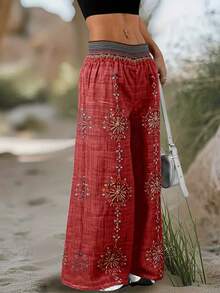 Talla Grande - Talla Grande - Nuevo Diseño Primavera/Otoño Niche Pantalones Casuales Holgados Retro de Cintura Alta con Estampado Aleatorio de Pierna Ancha - [Rojo] - Ver 2