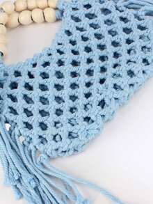 Casual Light Blue Crochet Mesh HandBag With Wooden Bead Handle And Tassel, Breathable Openwork Design, Ideal For Vacationers, Students And Casual Shoppers, Perfect For Beach Trips, Weekend Getaways And Daily Errands - Blue - View 4