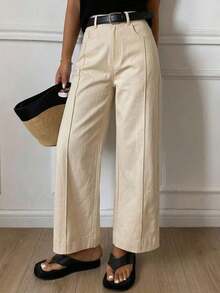 Pantalones holgados con vuelo y bolsillos para mujer, pantalones casuales de unicolor estilo callejero para otoño - Beis - Ver 6