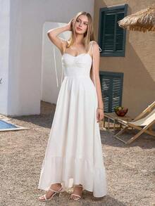 PARTHEA Vestido largo blanco elegante de verano con Body ceñido, escote espalda descubierta, fruncido y volantes - Rojo - Ver 9
