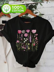 Summer Tops Floral Print Fitted Casual Round Neck T-Shirt For Summer Cotton T-Shirt - Black - View 6