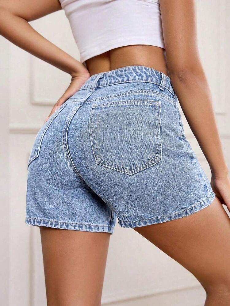 PETITE Pantalones cortos vaqueros de mujer con botones frontales, estilo sencillo y varios bolsillos, para un uso casual diario - Azul lavado medio - Añade 10