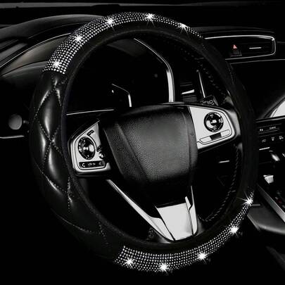 15inch Shiny Artificial Diamond Car Steering Wheel Cover, Bubble Grid Steering Wheel Wrap, Elastic No Inner Ring Design, Fit For O-Type And D-Type Cars, Unisex