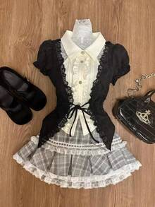 Slim Lace 2 Piece Set Y2K Plaid Sweet Goth Womens Dresses Vintage Punk Harajuku Korea Lolita Preppy 90s Ball Gown Gothic Basics - Bộ 2 món - Xem 2