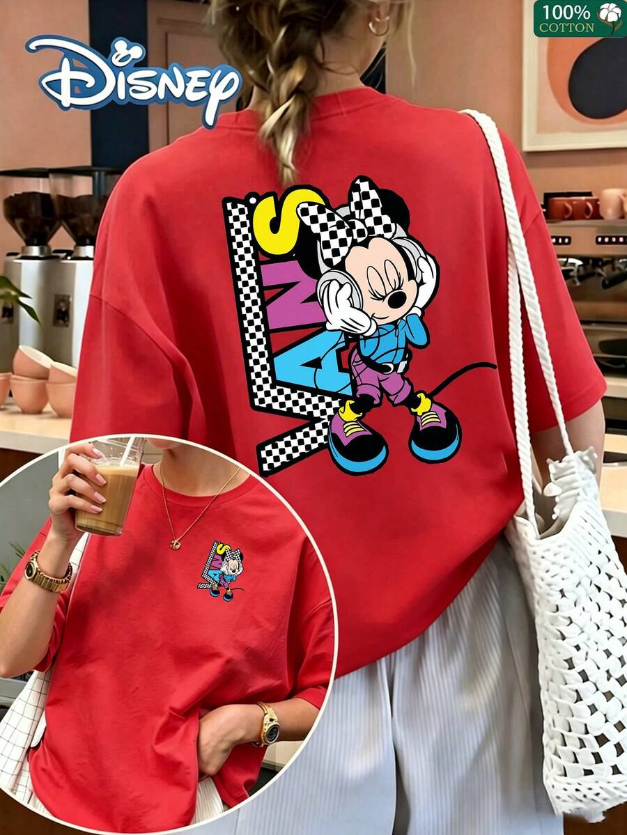 This Women's T-Shirt Features A Design Inspired By Disney, Incorporating Fresh,  Patterns Of Minnie Mouse And Music. Made From 100% Cotton, This Casual T-Shirt Is The Perfect Choice For Spring And Summer. It Makes An Excellent Gift For Holidays Or Birthdays. - Red - View 1