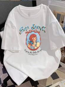 Primavera Grafica.1pac.100%Cotton.Unisex Loose-Fit Short-Sleeve T-Shirt With Letter And Cartoon Character Prints.Versatile.Classic - White - View 1