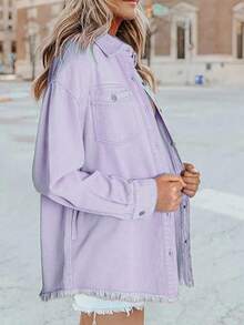 Chaqueta vaquera casual de unicolor para mujer con bolsillos y bordes deshilachados, manga larga, para primavera/otoño - Morado claro - Ver 2