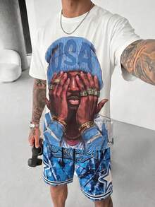 FRACTYR Herren American Street Style Rosa Camouflage Stern Muster Rundhals Kurzarm Lässig T-Shirt und Kordelzug Taille Shorts Lässig Set, bequem und atmungsaktiv, geeignet für den Sommer - Blau - Übersicht 3