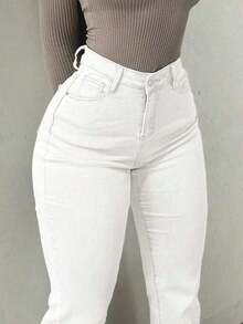 GILIPUR Jeans acampanados y desgastados estilo Y2K para mujer, de unicolor, cintura alta, ajuste delgado, elegante y casual, de mezclilla azul lavada elástica y de larga duración, para uso urbano en primavera - Blanco - Ver 4