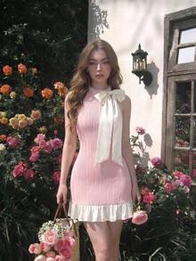 xheSHEIN MOD Vestido mini rosa para mujer con lazo beige y decoración de perlas, vestido corto de invierno, vestido formal, vestido de fiesta, vestido de Año Nuevoxhe - Rosa 2 - Ver 1
