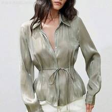 Fengyu Women's Clothing Store  Nueva blusa elegante y versátil para mujer, diseño sencillo y elegante con un cinturón de satén brillante, manga larga con cuello, silueta favorecedora de la cintura ceñida - Burdeos - Ver 3