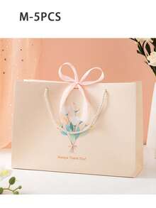 1/5PCSins Floral Print Gift Tote Bags, Pink Bow Favor Bags, Multiple Sizes Holiday Gift Packaging Paper Bags - Multicolor - View 14