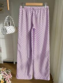 Pantalones anchos de punto con cordón y lunares marrones, adecuados para el invierno, la Navidad y el Año Nuevo, conjunto de otoño/invierno para mujer - Lila Púrpura - Ver 4