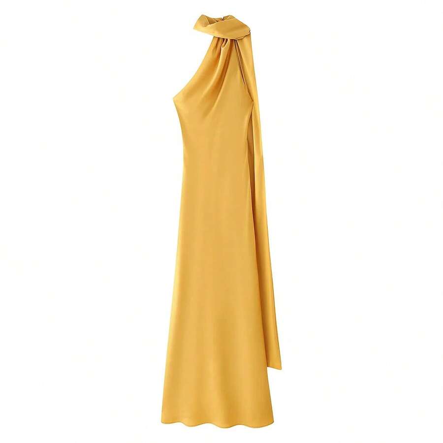 Vestido largo elegante de satén de seda suave para mujer, vestido largo sin mangas con cuello Halter y espalda descubierta, vestidos de con cinta larga para verano - Amarillo - Ver 1