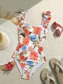 Women's Colorful Tropical Bird & Floral Print Square Neck Cap Sleeve One-Piece Swimsuit, Suitable For Beach Vacation Summer - Multicolor 2 - View 2