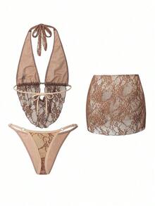 Swim  Conjunto de traje de baño de 3 piezas con parte superior de bikini halter sin espalda con encaje y cuentas, Bottom fruncida y falda de encaje, un conjunto de ropa de baño sexy y atrevido de vanguardia para mujeres, adecuado para primavera, vuelta al colegio, festival de música, vacaciones, San Valentín, Año Nuevo, Día de la Madre, Día Internacional de la Mujer, salida familiar - Café integral - Ver 3