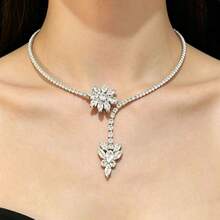 1pc Adjustable Zirconia Flower Choker Necklace Accessory For Women - Silver - View 2