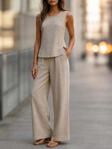 Women's Linen 2 Pieces Set, Casual Solid Color Round Neck Vest And Wide Leg Pants, Summer Elegant - Khaki - View 5