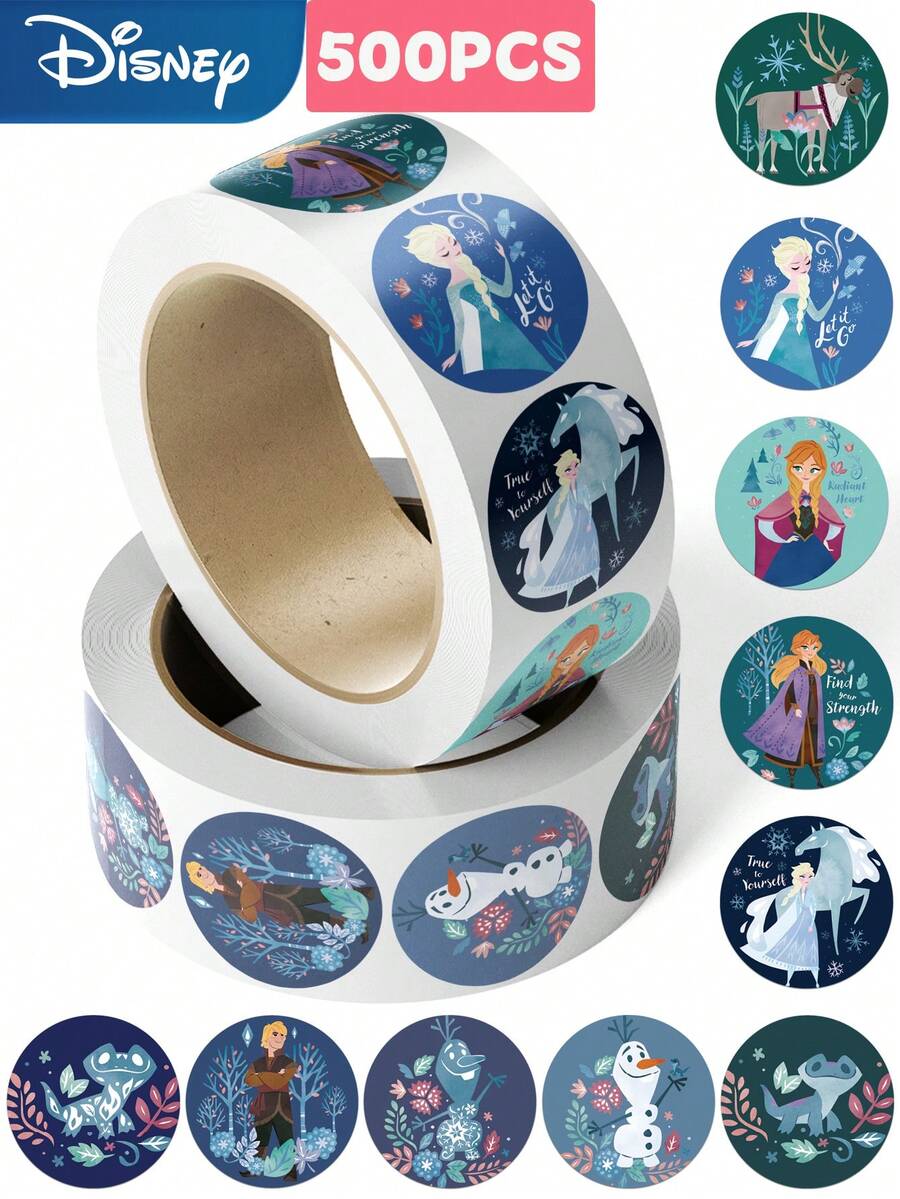 500pcs Disney Frozen Roll Stickers - Elsa & Anna Princess Self-Adhesive Round Labels, Suitable For Phone Cases, Gifts, Envelopes, Scrapbooks, Party Favors, Teen DIY Decoration - Navy Blue - View 1