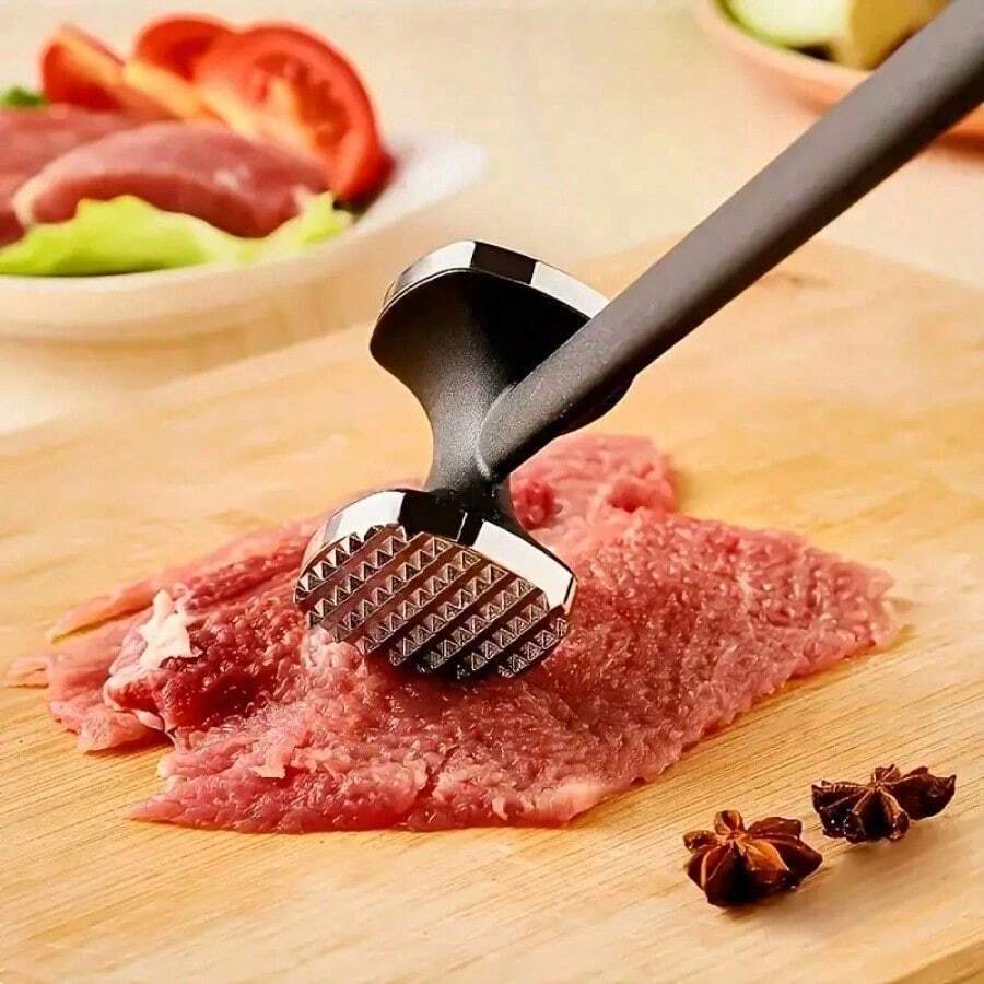 1pc Stainless Steel Meat Tenderizer, Double-Sided Meat Mallet, Steak Pounder, Kitchen Tool, Meat Tenderizing Hammer, Suitable For Picnic, Travel, Camping, BBQ - Metal Material - Black and Silver - View 1