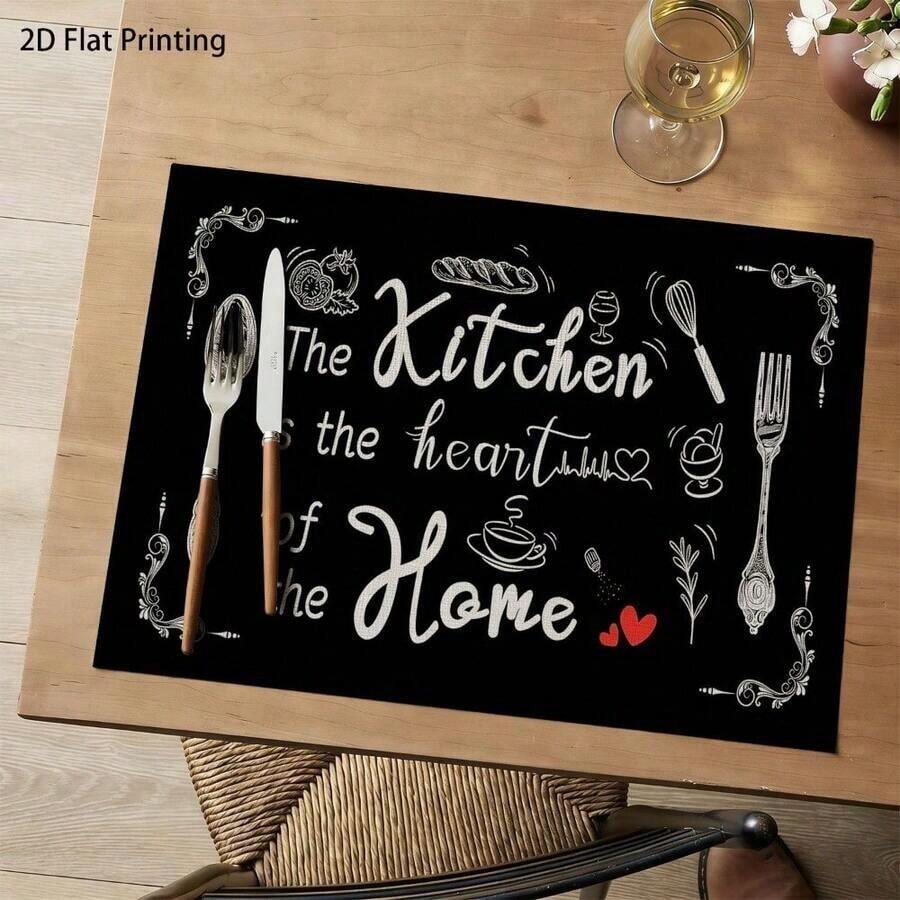 4 piezas Manteles individuales con patrón de cocina negra, diseñados con gráficos de utensilios de cocina, adecuados para la decoración del comedor, uso doméstico, restaurante, camping y fiestas, para todas las estaciones
