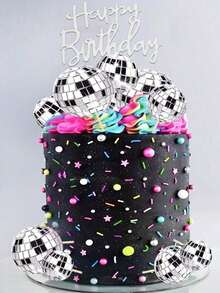 19 piezas Adornos para pastel de bola de disco o adornos individuales de feliz cumpleaños, decoraciones de bola de disco de espejo plateada para pastel y cupcakes, adecuadas para fiestas con temática de música disco de los 70, 80 y 90 (los adornos para pastel se deben usar con palitos blancos) - Láser 1 - Ver 1