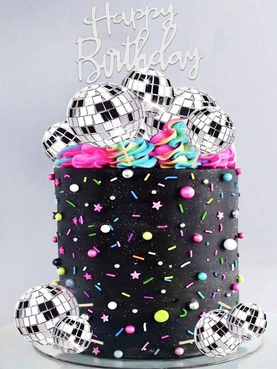 19 piezas Adornos para pastel de bola de disco o adornos individuales de feliz cumpleaños, decoraciones de bola de disco de espejo plateada para pastel y cupcakes, adecuadas para fiestas con temática de música disco de los 70, 80 y 90 (los adornos para pastel se deben usar con palitos blancos) - Láser 1 - Ver 1