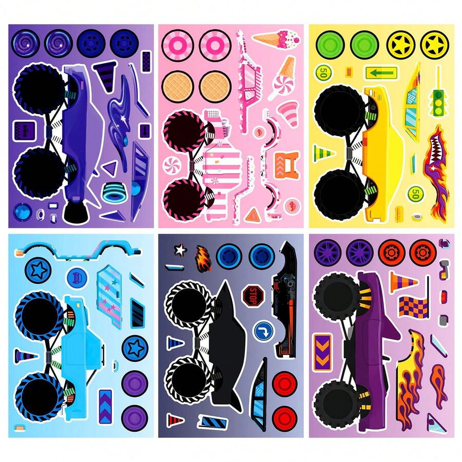 6pcs Monster Truck Expression Stickers, Truck Stickers, Custom Racing Decals, Waterproof Stickers, Suitable For Water Bottles, Laptops, Phone Cases, Journals, Scrapbooks, Planners And Party Favors - Multicolor - View 1