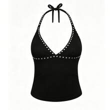 Womens Rivets Studded Halter Neck Plunge Cami Top Self-Tie Spaghetti Straps V-Neck Cut Out Front Crop Tank Top Camisole Vest Y2K Streetwear Party Tops - F216717-黑色 - 查看 5
