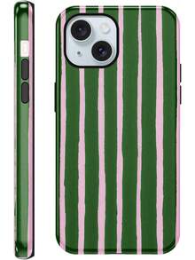 iPhone15 Handyhülle (,), gestreiftes Design, geeignet für Mädchen, schönes rosa-grünes Streifenmuster, Schutzhülle, doppelschichtige stoßfeste weiche farbige Silikon-TPU-Handyhülle, gestreifter Stil. - Weiß 5 - Übersicht 2