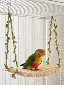 Natural Wooden Parrot Swing Stand, Rustic Style With Artificial Vine Ropes, Sturdy And Durable For Hanging, Scratching And Resting, Suitable For Small To Medium Parrots, Parrot Cage Accessory And Toy - View 8