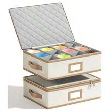 Caja para tazas con ribete cuero organizador tazas café apilable carcasa dura con divisores contenedores para tazas con tapa asas y cierre - Beis - Ver 9