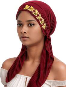 1pc Crinkle Solid Color Turban Hijab With Gold Rhinestone Decor, Stretchy Pre-Tied Head Scarf For Muslim Women, Instant Head Wrap Cap - A - View 10