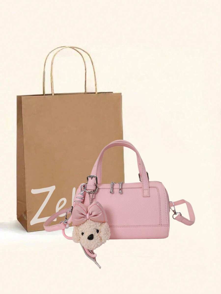 Nueva bolsa de tote de unicolor con colgante, bolso de mano minimalista y versátil, estilo universitario elegante cilíndrico europeo y americano, adecuado para ir al trabajo, compras, viajes, fiestas y la escuela para mujeres