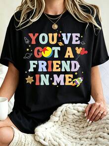 Breathable Cotton Toy Story Fan Tee | "You've Got A Friend In Me" Pastel Quote With Space Icons Print | Nostalgic Disney Pullover Shirt - Black - View 1