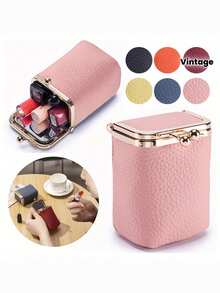 Genuine Leather Litchi Texture Metal Frame Pouch, Premium Lipstick Storage Bag, Convenient Multi-Functional Small Coin Purse, Mini Earphone Jewelry Bag, PU Leather Ring Stud Earring Small Accessories Organizer - Multicolor - View 2