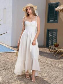 PARTHEA Vestido largo blanco elegante de verano con Body ceñido, escote espalda descubierta, fruncido y volantes - Rojo - Ver 7