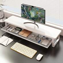 Dual-Layer Computer Desk Riser With Storage Drawer, Heavy-Duty Thickened Ventilated Design, Multi-Layer Monitor Stand And Keyboard Tray, Suitable For Home Office, Space-Saving Workstation, Easy Assembly - Blanco - Ver 8